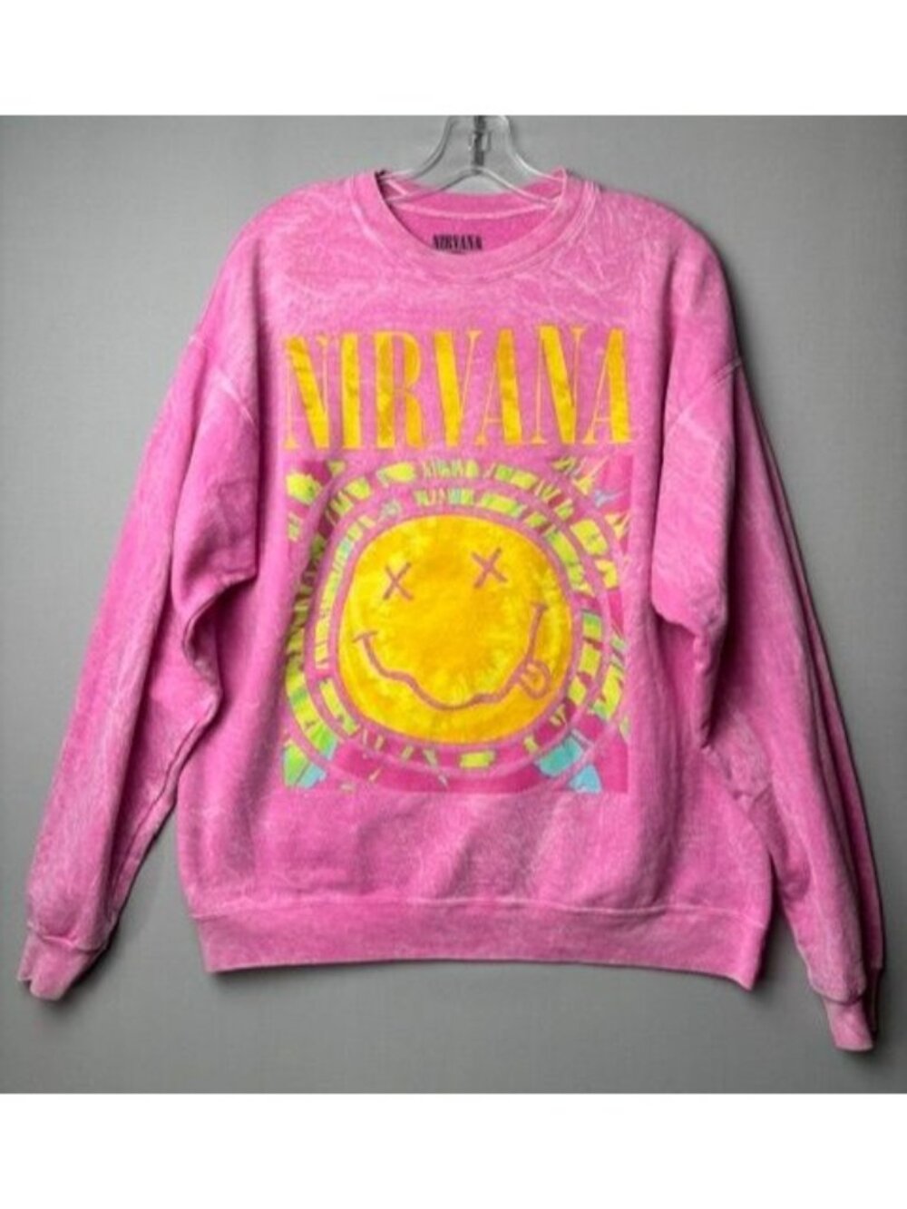 Nirvana Smiley Face Sweatshirt Large Unisex Pink Acid Wash Grunge 90's Band Pull